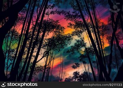 bamboo forest during sunset, with rich colors of the sky and clouds, created with generative ai. bamboo forest during sunset, with rich colors of the sky and clouds