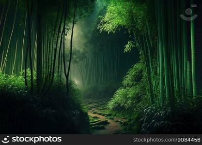 Bamboo Forest Landscape, Tall Trees and Footpath. Dense Bamboo Trees Forest. Generative AI. Bamboo Forest Landscape, Tall Trees and Footpath. Dense Bamboo Forest. Generative AI