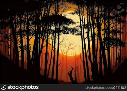 bamboo forest with dramatic sunset, silhouetting the trees and sky, created with generative ai. bamboo forest with dramatic sunset, silhouetting the trees and sky