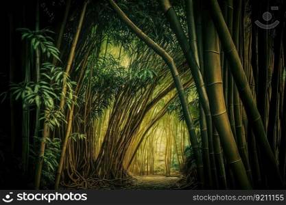 bamboo forest with gnarled tree trunks and dense canopy of leaves, created with generative ai. bamboo forest with gnarled tree trunks and dense canopy of leaves