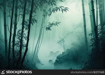 bamboo forest with misty fog, offering a mystical and peaceful setting, created with generative ai. bamboo forest with misty fog, offering a mystical and peaceful setting