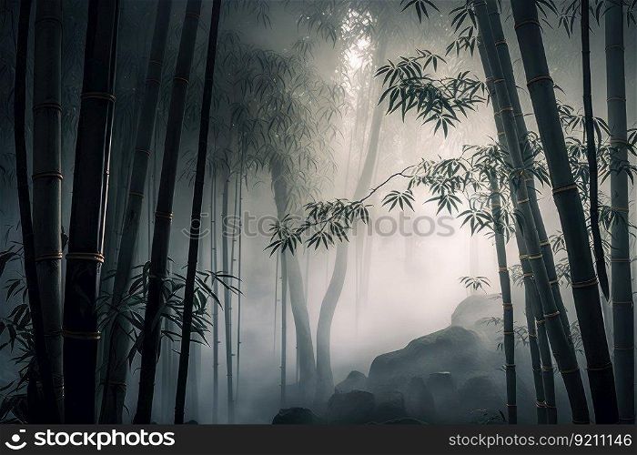 bamboo forest with misty fog, offering a mystical and peaceful setting, created with generative ai. bamboo forest with misty fog, offering a mystical and peaceful setting