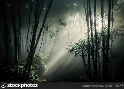 bamboo forest with misty morning light, creating a mystical atmosphere, created with generative ai. bamboo forest with misty morning light, creating a mystical atmosphere