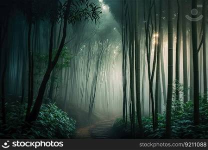 bamboo forest with misty morning light, creating a mystical atmosphere, created with generative ai. bamboo forest with misty morning light, creating a mystical atmosphere