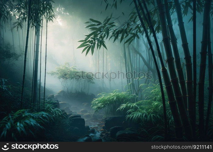 bamboo forest with misty morning light, making the trees and plants appear even more enchanting, created with generative ai. bamboo forest with misty morning light, making the trees and plants appear even more enchanting