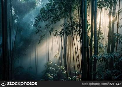 bamboo forest with misty morning light, making the trees and plants appear even more enchanting, created with generative ai. bamboo forest with misty morning light, making the trees and plants appear even more enchanting