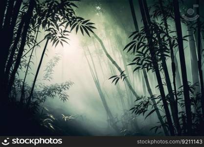 bamboo forest with misty morning light, making the trees and plants appear even more enchanting, created with generative ai. bamboo forest with misty morning light, making the trees and plants appear even more enchanting