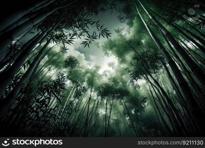 bamboo forest with the contrast of white clouds in the sky, created with generative ai. bamboo forest with the contrast of white clouds in the sky