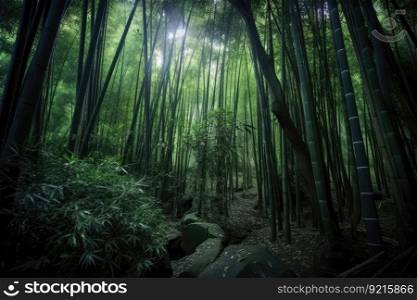 bamboo grove in the dark rainforest, with towering trees and rich greenery, created with generative ai. bamboo grove in the dark rainforest, with towering trees and rich greenery