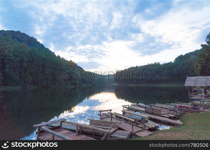 Bamboo raft in lake. in nation park winter season.