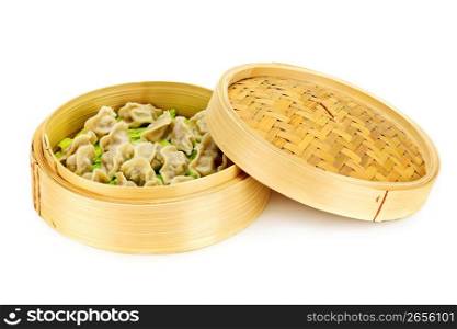 Bamboo steamer with dumplings