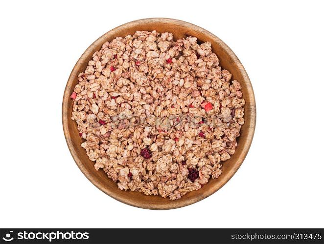 Bamboo wood bowl with natural organic granola cereal summer fruits flakes on white.Top view