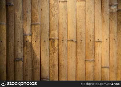 Bamboo wood wall illuminated by a ray of light, zen background texture. Bamboo wood wall background, zen wallpaper texture