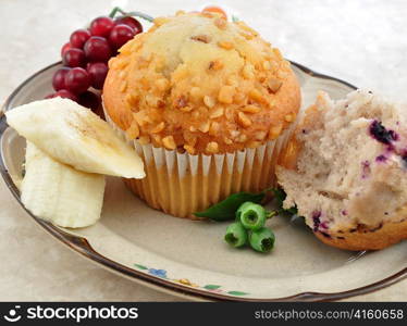 banana and blueberry muffins , close up