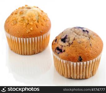 banana and blueberry muffins on white background