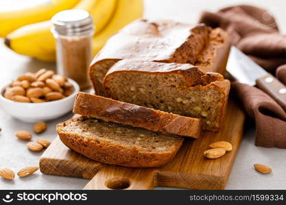 Banana bread with almond nuts and cinnamon