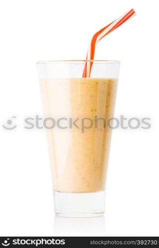 Banana or vanilla smoothie or yogurt in tall glass with a straw isolated on white background. Banana or vanilla smoothie or yogurt in tall glass with straw