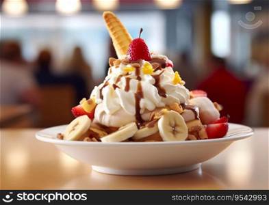 Banana split dessert with strawberry in fast food restaurant.AI Generative