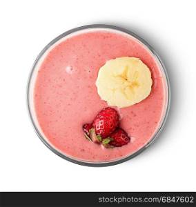 Banana strawberry smoothies top view isolated on white background