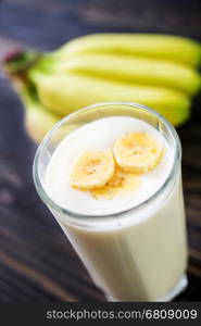 banana yogurt in glass and on a table