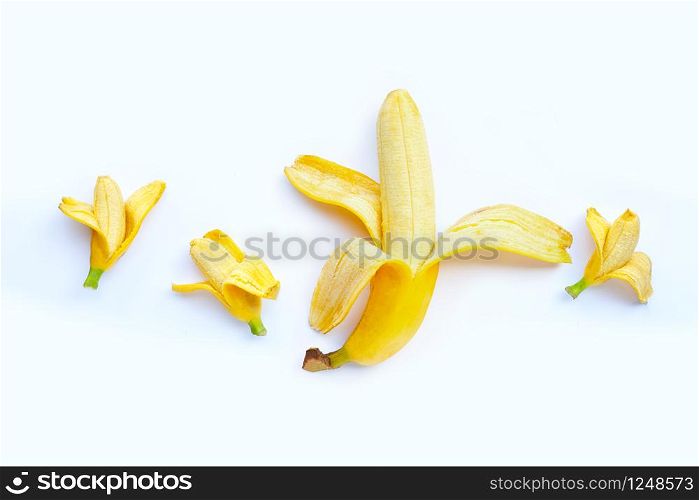 Bananas of different sizes on white background. Sexual and size penis concept