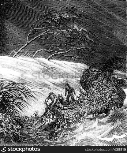 Bandits of the sea. Hurricane, vintage engraved illustration. Journal des Voyages, Travel Journal, (1879-80).