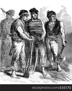 Bandits of the sea. Rough fellows with broad shoulders, vintage engraved illustration. Journal des Voyages, Travel Journal, (1879-80).