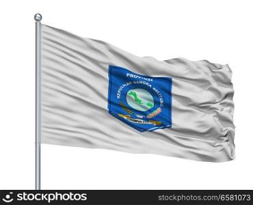 Bangka Belitung City Flag On Flagpole, Country Indonesia, Isolated On White Background. Bangka Belitung City Flag On Flagpole, Indonesia, Isolated On White Background