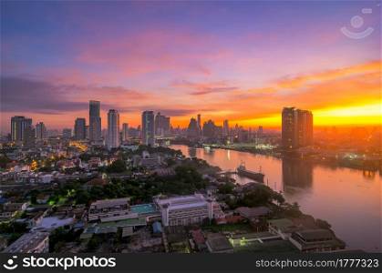 Bangkok City and the river,Hotel and resident area in the capital of Thailand at beautiful sunrise.. Bangkok city beautiful sunrise.