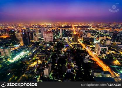 Bangkok city downtown and road traffic at sunrise in Thailand , Cityscape