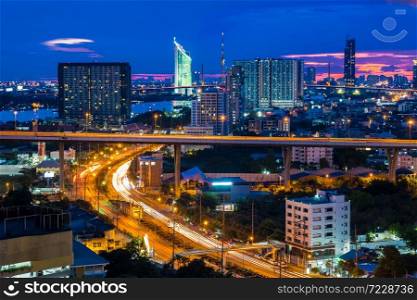 Bangkok City skyline with urban skyscrapers at sunset, Thailand
