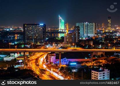 Bangkok city view and traffic road at night, Thailand