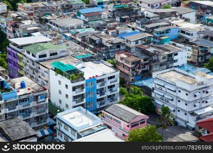Bangkok city with tall buildings and small houses. The residential density.