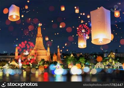 Bangkok happy new year countdown fireworks and lantern at Wat Arun Temple, Bangkok Thailand.. Temple of dawn  wat arun  