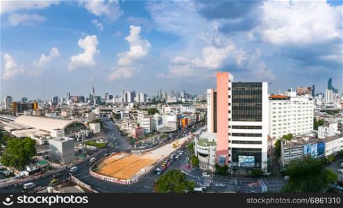 BANGKOK - May 21: Hua Lamphong Station area view,the train railway main hub center for transportation area and traffic, aerial panorama view on May 21, 2017 in Bangkok, Thailand