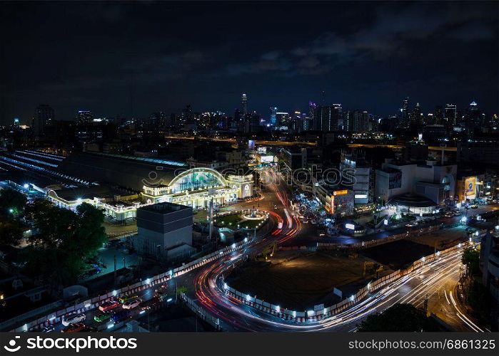 BANGKOK - May 24: Hua Lamphong Station, train railway main hub center for transportation area in the capital, aerial panorama view on May 24, 2017 in Bangkok, Thailand