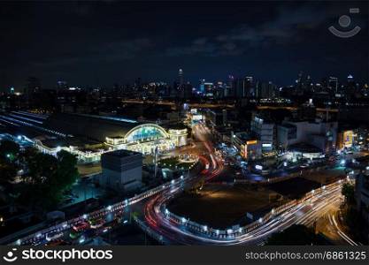 BANGKOK - May 24: Hua Lamphong Station, train railway main hub center for transportation area in the capital, aerial panorama view on May 24, 2017 in Bangkok, Thailand