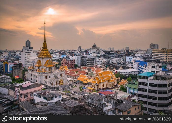 BANGKOK - May 24: Temple names Wat Traimitr and Pra Maha Mondop, Very important and beautiful temple in Bangkok Visited by many tourists, aerial view on May 24, 2017 in Bangkok,Thailand