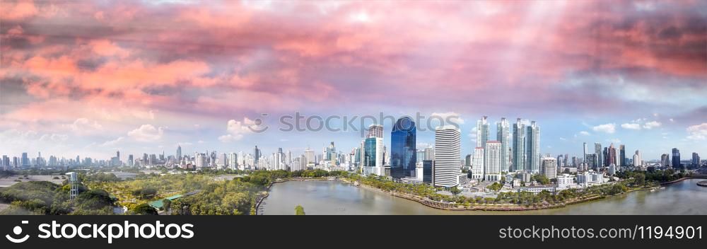 Bangkok skyline, Thailand. Aerial view of city buildings from Benjakitti Park.