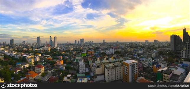 Bangkok sunrise, Aerial panorama city scape view on metropolis of Thailand