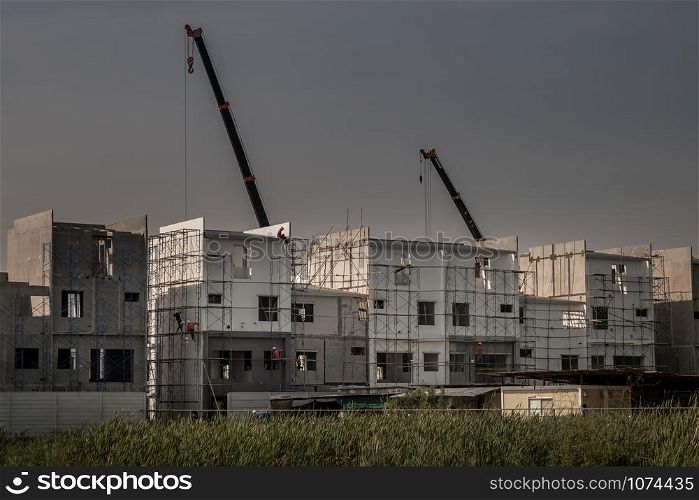 Bangkok, thailand - 06 Nov, 2019 : Construction of new house in new residential area, construction worker on construction site new building.