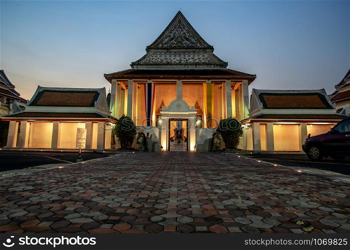Bangkok, Thailand - 07 Nov. 2019 : Eveningtime of Beautiful theptidaram Temple architecture is the art of the reign of King Rama III, Here It is the most tourist destination landmark in Phra Nakhon district.