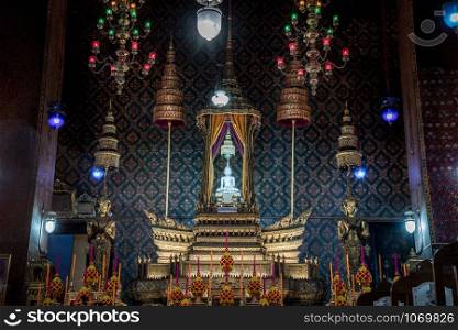 Bangkok, Thailand - 07 Nov. 2019 : Within the church of Wat Theptidaram Temple, A beautiful bronze sculpture of Buddha situated in Wat Theptidaram main hall.