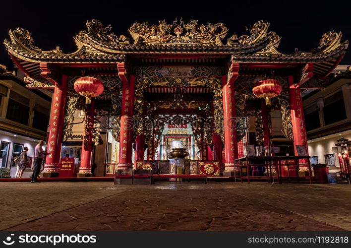 Bangkok, Thailand - 13 Dec 2019 : Kuan yim shrine (Thian Fa Foundation) a Traditional Chinese temple at Yaowarat Road In The Night.