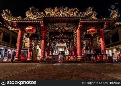 Bangkok, Thailand - 13 Dec 2019 : Kuan yim shrine (Thian Fa Foundation) a Traditional Chinese temple at Yaowarat Road In The Night.