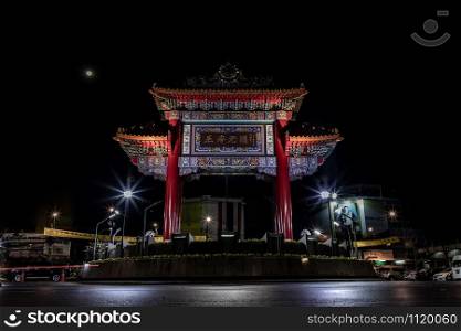 Bangkok, Thailand - 13 Dec 2019 : View of the Royal Jubilee Gate (Odeon circle) of landmark in Chinatown (Yaowarat Road) at the night.