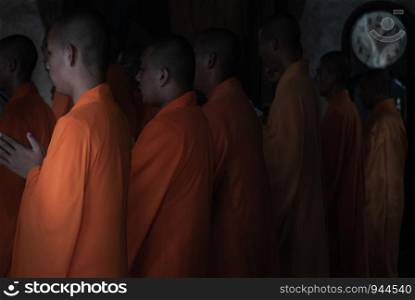 Bangkok, Thailand - 18 Aug 2019 : Chinese monks praying for buddhism worship inside Wat Bhoman Khunaram (Bhoman Khunaram Temple).