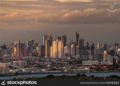 Bangkok, Thailand - 27 Aug, 2019 : Beautiful view of Bangkok city, Beauty skyscrapers along Chaopraya river in the evening, making the city modern style. Copy area.