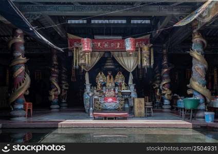 Bangkok, Thailand - Apr 29, 2022 : Architecture interior of Traditional chinese shrine and Chinese god statues at Phutthamonthon sathan or Sun wukong shrine. Selective focus.