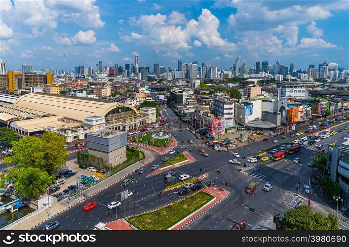 BANGKOK, THAILAND-Dec 1, 2018: traffic at Hua Lamphong intersection and Hua Lamphong railway station in Bangkok, Thailand